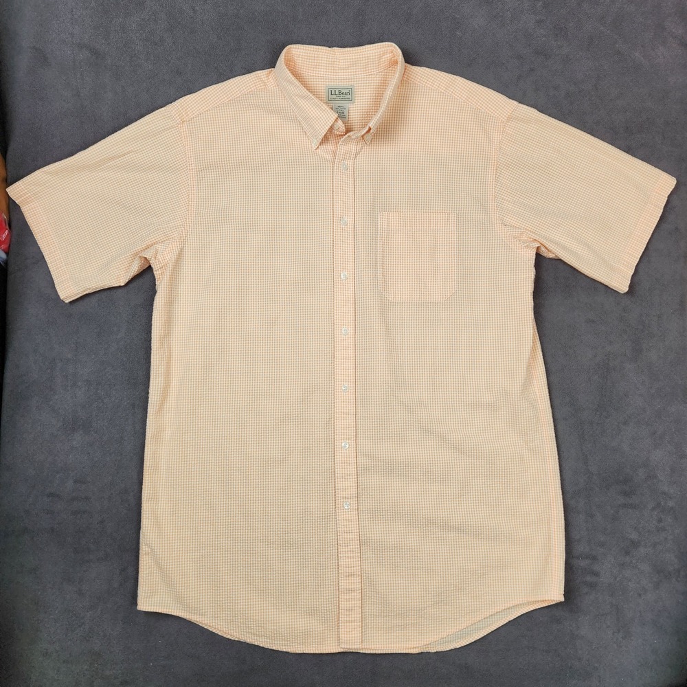LL Bean Shirt Mens Large Tall Orange Gingham Checkered Short‎ Sleeve Button Up